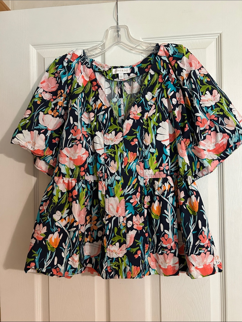 Crown & Ivy Navy Floral Top with Pink & Green Blooms